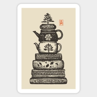 Whimsical Stacked Teapots and Books Zen Illustration Sticker